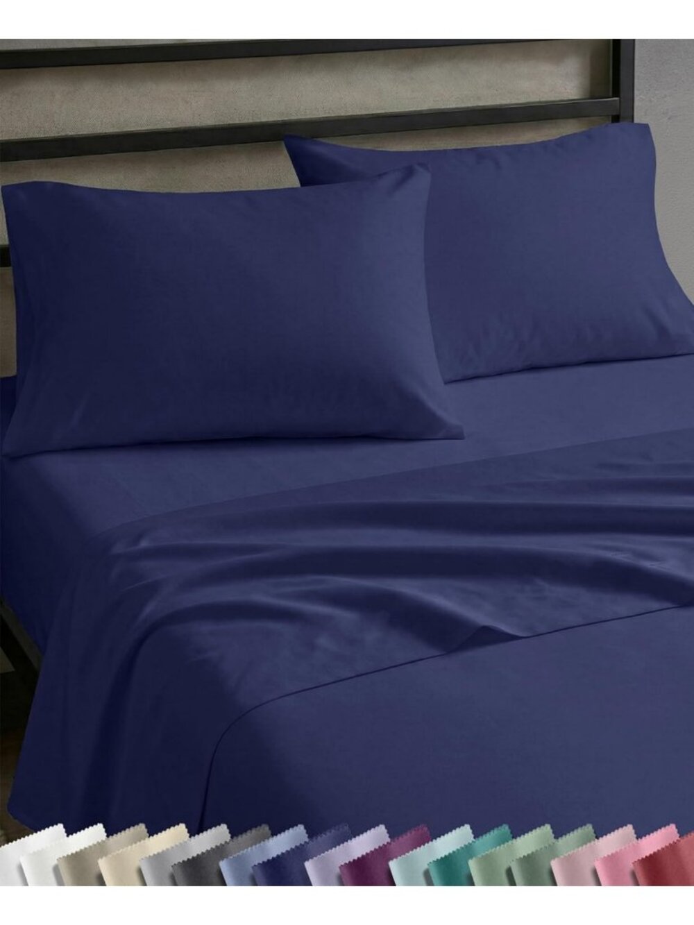 Soft Cotton Sateen Queen Sheets Set - Deep Pocket, Navy Blue, 100% Natural